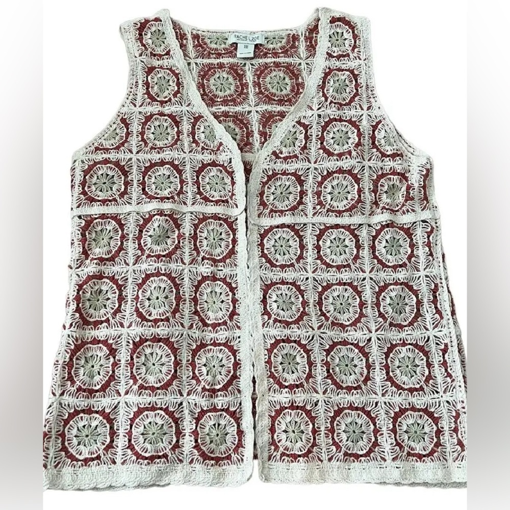 Rachel Zoe Boho Red/Natural Crochet floral open drape Vest Pullover/Cardigan S/M - Picture 3 of 4